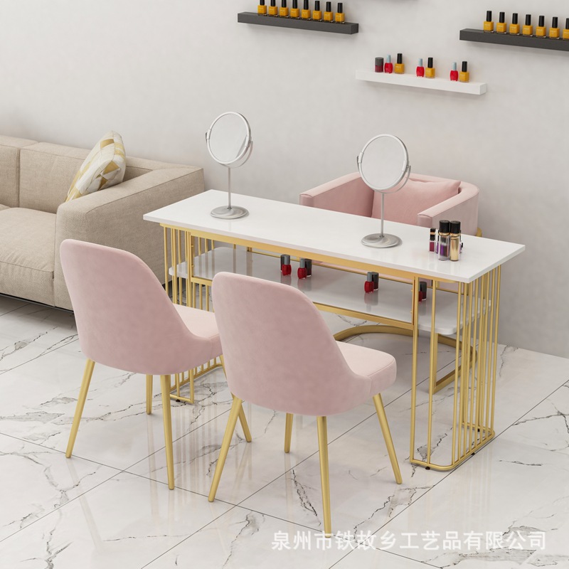 美甲桌 雙層實(shí)木美甲桌 輕奢美甲店桌椅 網(wǎng)紅鐵藝美甲桌