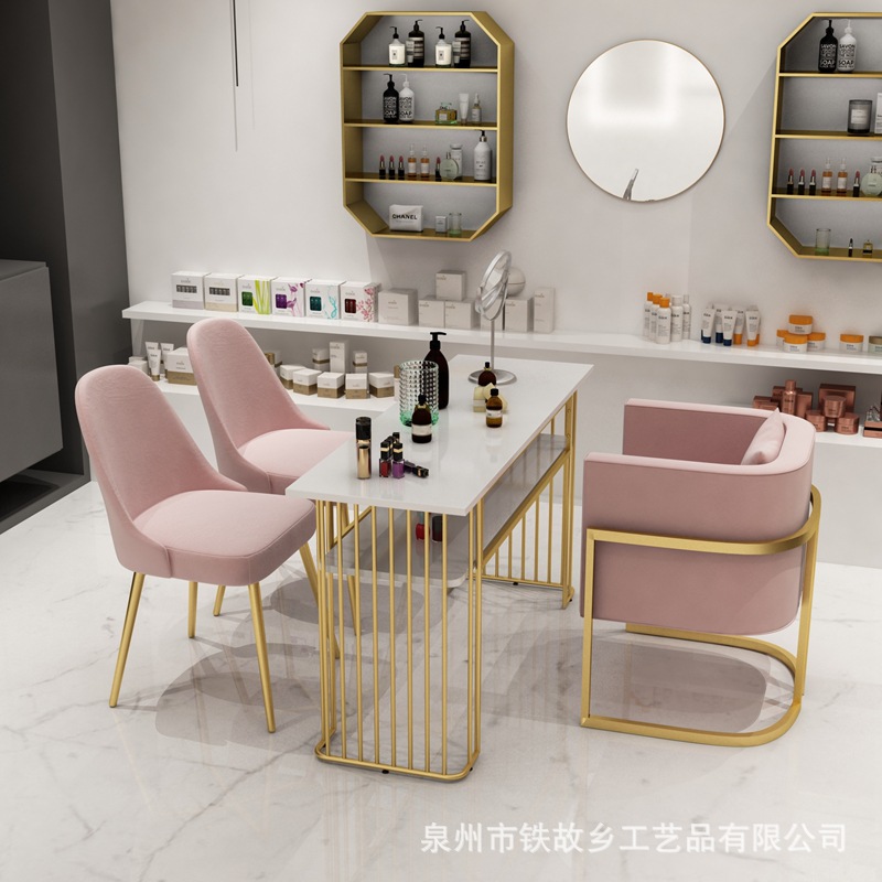 美甲桌 雙層實(shí)木美甲桌 輕奢美甲店桌椅 網(wǎng)紅鐵藝美甲桌