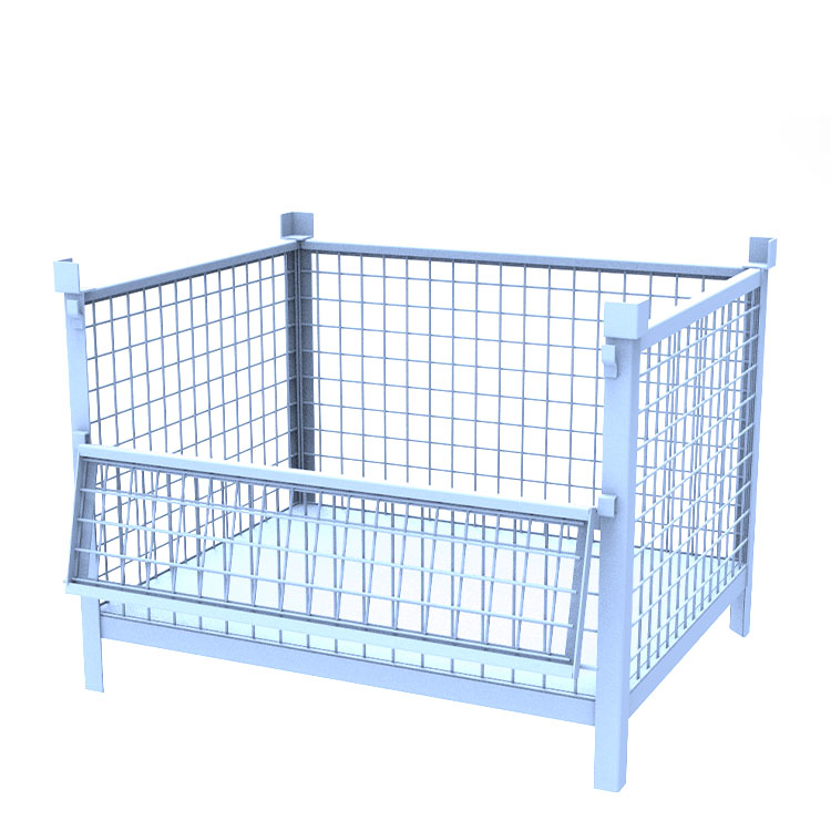 固定式金屬網(wǎng)箱 四面進(jìn)叉可吊裝重型倉儲籠帶圍欄金屬托盤 角鋼倉儲籠