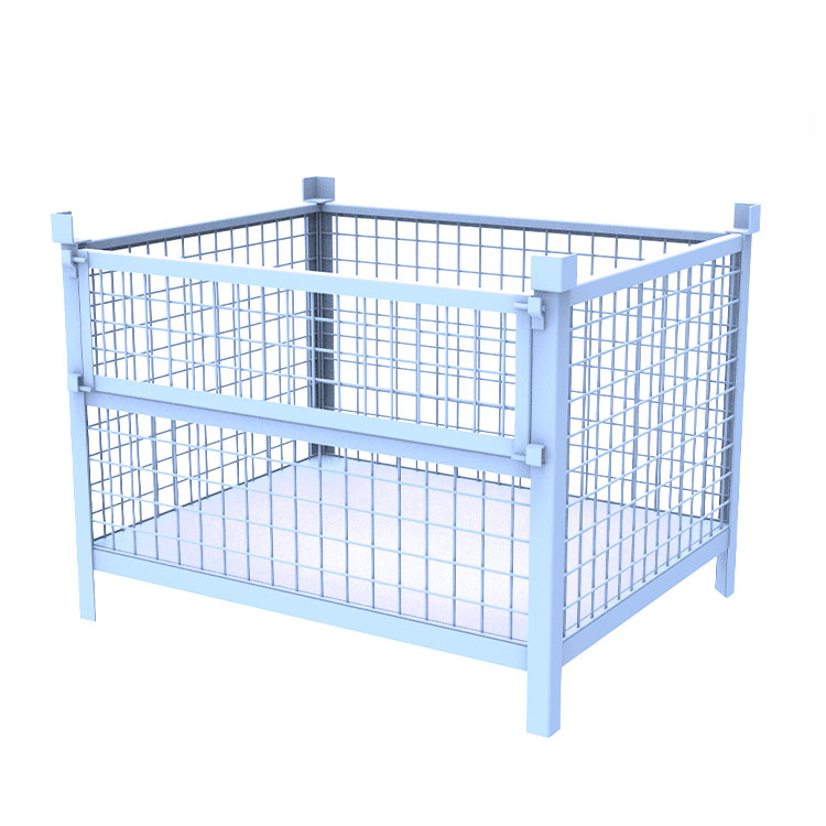 固定式金屬網(wǎng)箱 四面進(jìn)叉可吊裝重型倉儲籠帶圍欄金屬托盤 角鋼倉儲籠